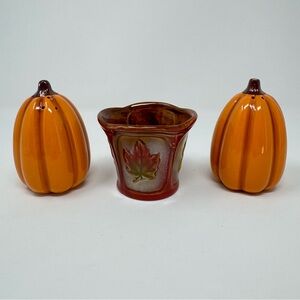 Orange Pumpkin Salt and Pepper Shakers with Fall Leaf Tea Light Holder